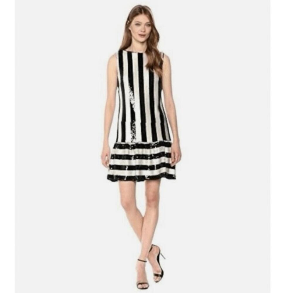 BETSEY JOHNSON Sequin Striped Sleeveless Mini Dress Black White Size 4